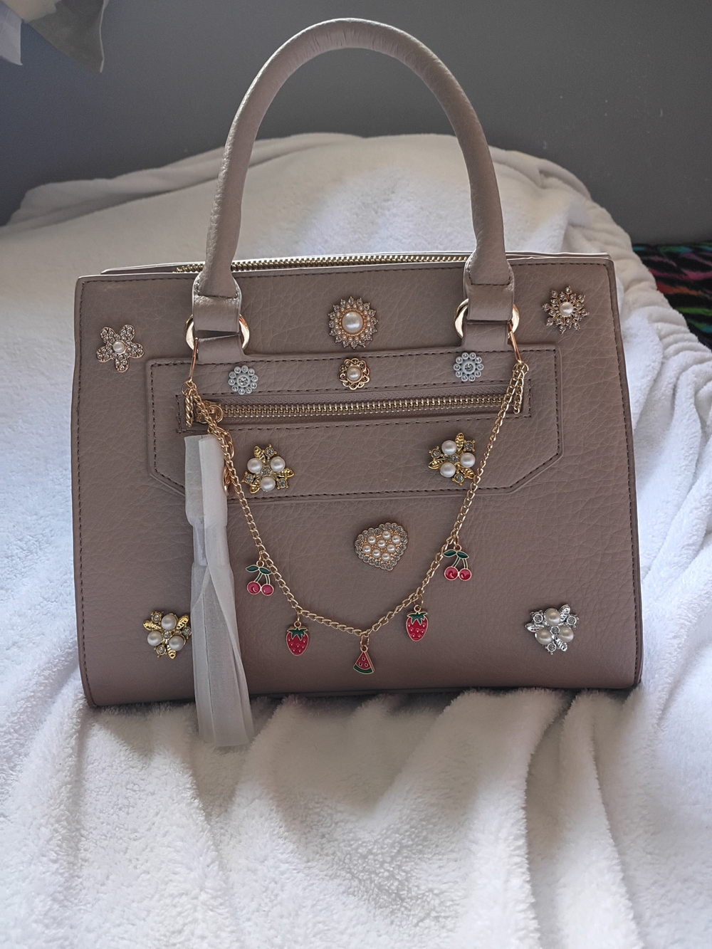 & Other Stories Taupe Embellished Satchel with Gold Charm Chain